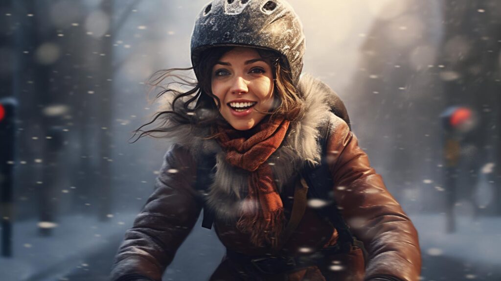 Kvinne på sykkeltur vinterstid