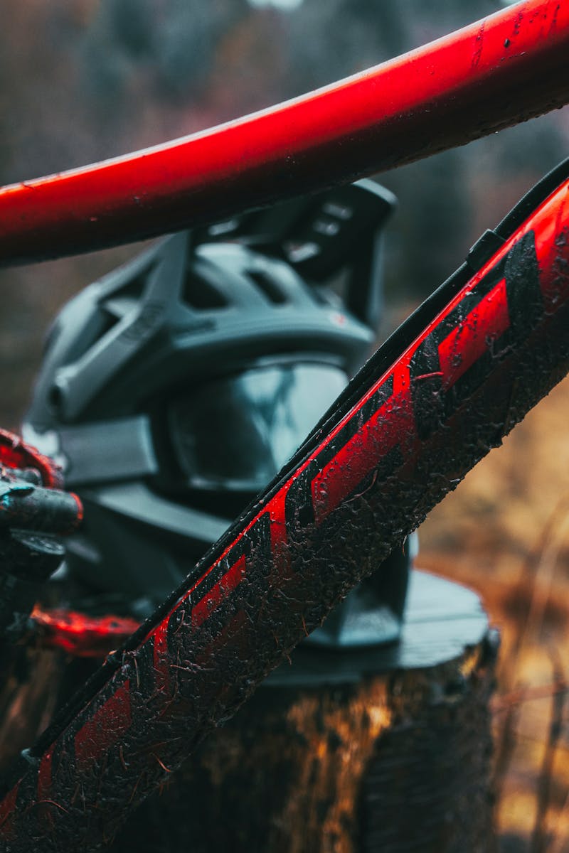 Dirt-covered mountain bike and black helmet on a tree stump in a forest setting. Ideal for cycling enthusiasts.