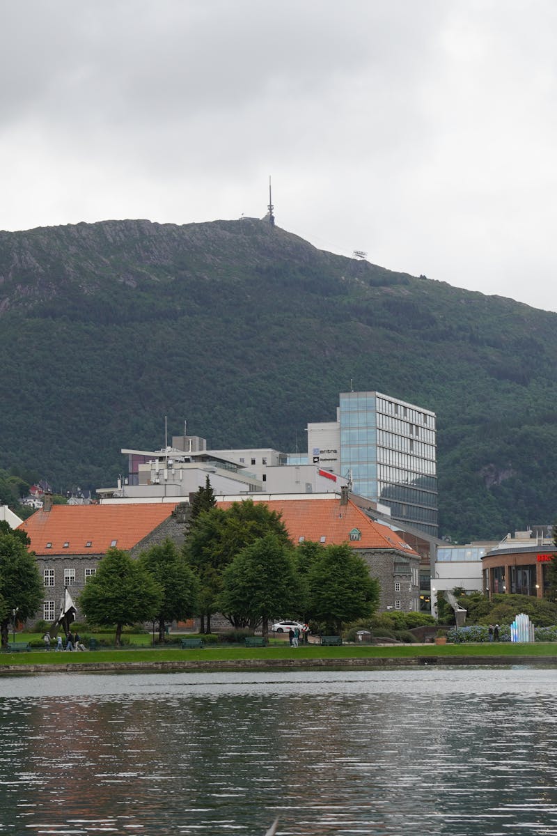 Picturesque view of Bergen lakefront with Mount Fløyen in the background, featuring lush greenery and water fountains.